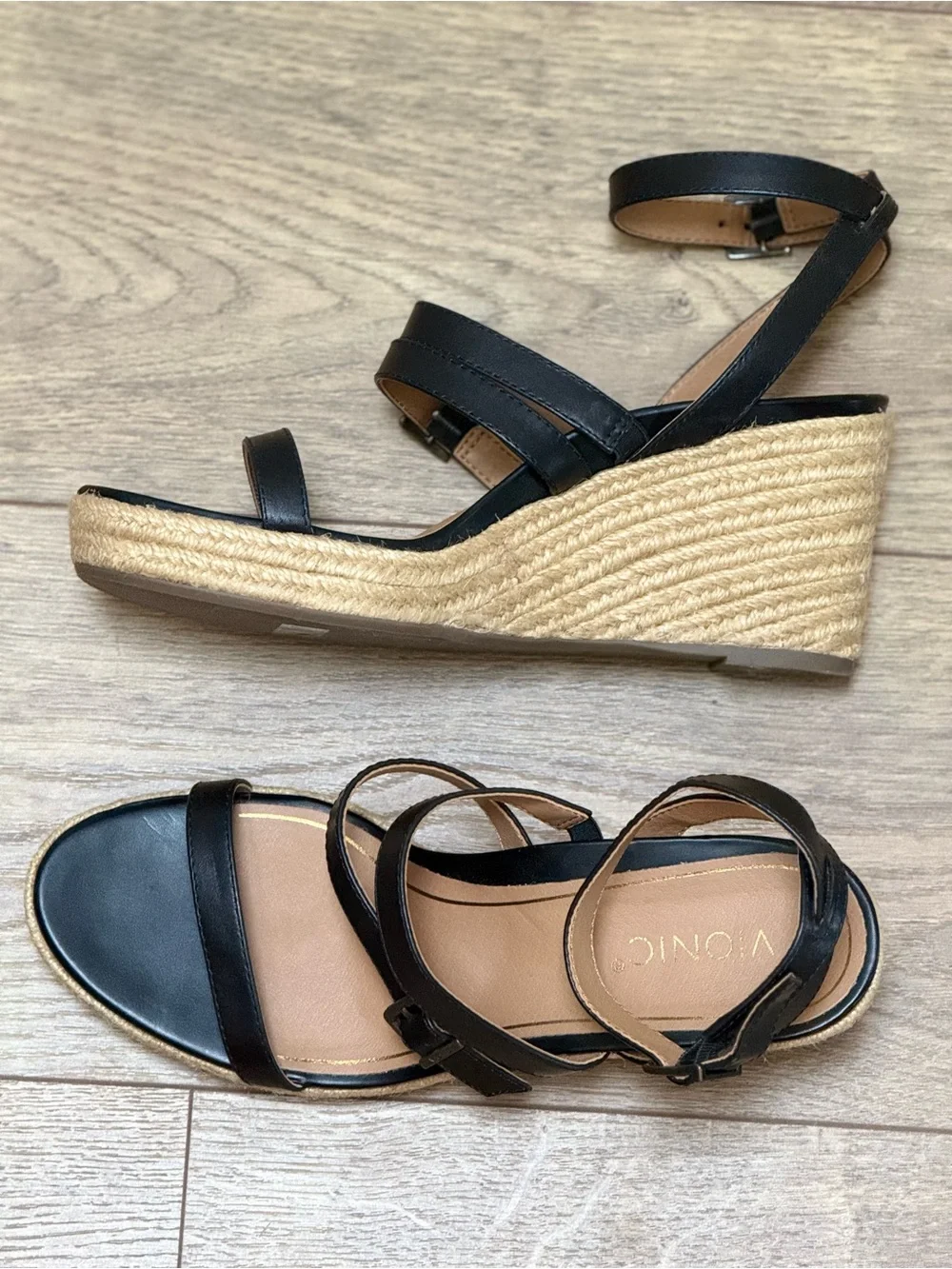 Vionic Sabina Size 10 Black Leather Espadrille Wedge Sandals Strappy Comfort New